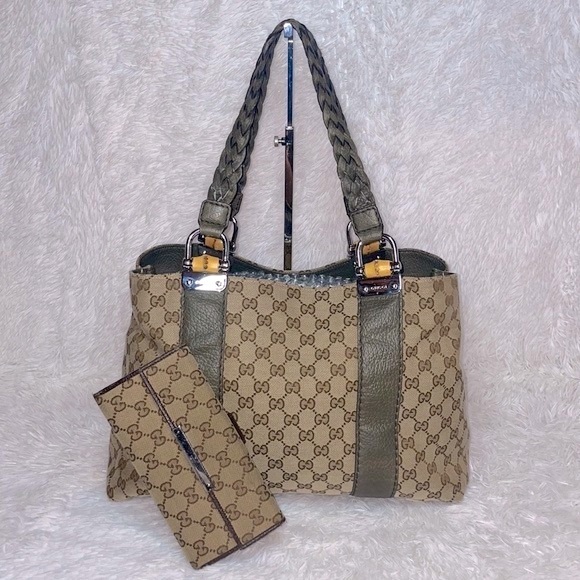Gucci Handbags - Gucci Monogram GG Canvas Leather Bamboo Bar Large Shoulder Tote & Folio Wallet